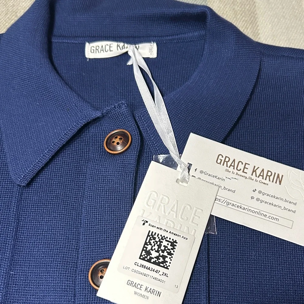 Grace Karin Deep Navy Button-Front Knit Cardigan Jacket -2XL- New with Tags